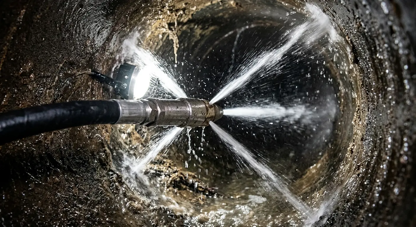 High-pressure hydro jetting nozzle cleaning sewer pipe for Emergency Drain Service in McCandless