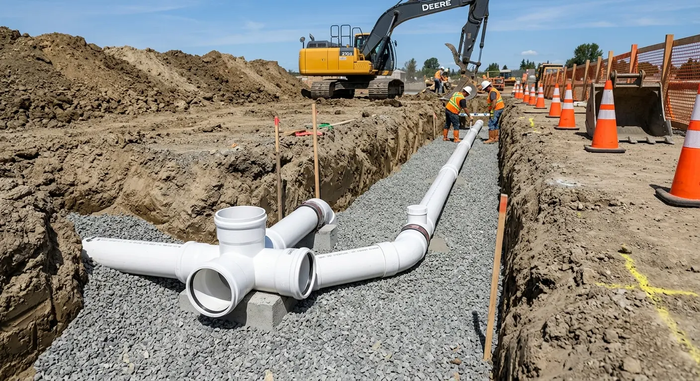 New PVC sewer pipe installation in open trench for Sewer Backup in McCandless