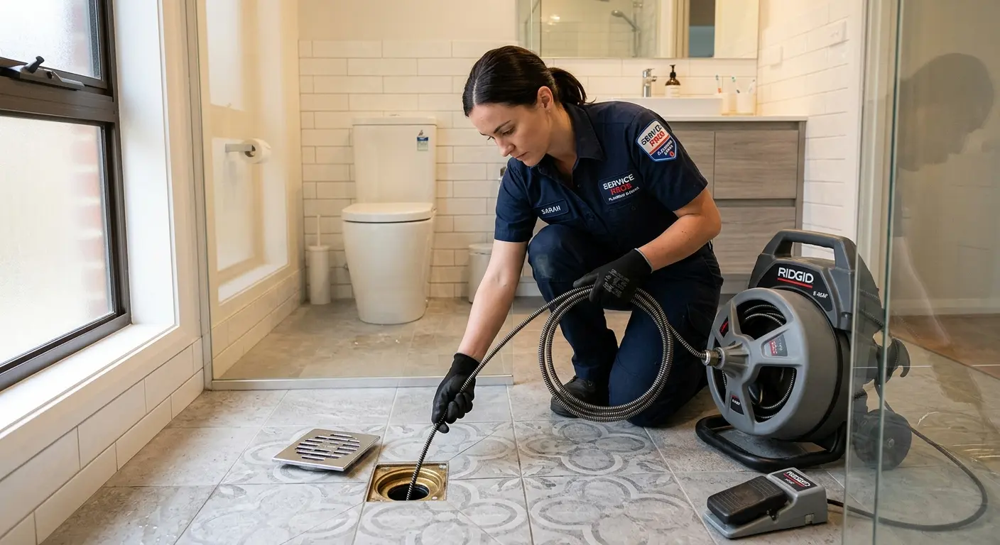 Technician clearing a bathroom floor drain for Drain Cleaning in McCandless